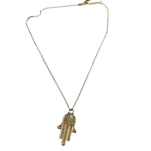Jewelry - Gold Hamsa Hand Pendant Necklace Turquoise Accent On Delicate Chain Womens u